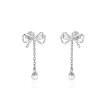 Load image into Gallery viewer, 925 Sterling Silver Fashion Sweet Ribbon Imitation Pearl Tassel Earrings with Cubic Zirconia