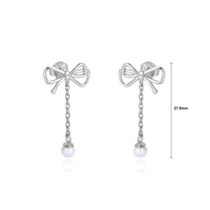 925 Sterling Silver Fashion Sweet Ribbon Imitation Pearl Tassel Earrings with Cubic Zirconia