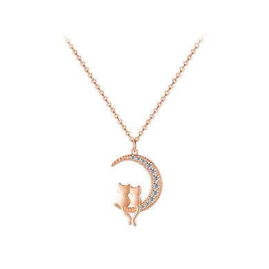 925 Sterling Silver Plated Rose Gold Fashion Cute Double Cat Moon Pendant with Cubic Zirconia and Necklace