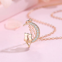 Load image into Gallery viewer, 925 Sterling Silver Plated Rose Gold Fashion Cute Double Cat Moon Pendant with Cubic Zirconia and Necklace