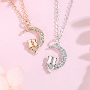925 Sterling Silver Plated Rose Gold Fashion Cute Double Cat Moon Pendant with Cubic Zirconia and Necklace