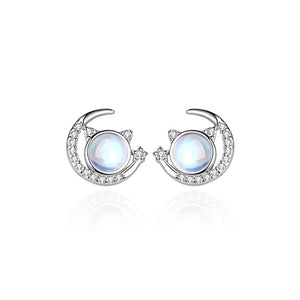 925 Sterling Silver Fashion Cute Moon Cat Imitation Moonstone Stud Earrings with Cubic Zirconia