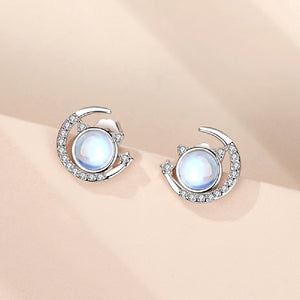 925 Sterling Silver Fashion Cute Moon Cat Imitation Moonstone Stud Earrings with Cubic Zirconia