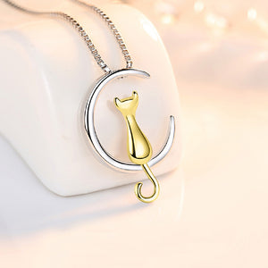 925 Sterling Silver Simple Cute Moon Gold Cat Pendant with Necklace