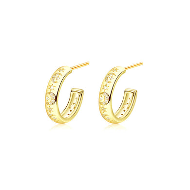 925 Sterling Silver Plated Gold Fashion Simple Star Moon Pattern Geometric Stud Earrings with Cubic Zirconia