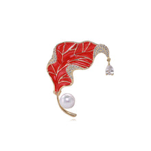 Load image into Gallery viewer, Fashion and Elegant Plated Gold Enamel Red Leaf Imitation Pearl Brooch with Cubic Zirconia