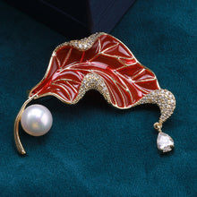 Load image into Gallery viewer, Fashion and Elegant Plated Gold Enamel Red Leaf Imitation Pearl Brooch with Cubic Zirconia