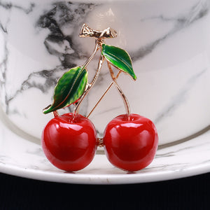 Simple Sweet Plated Gold Enamel Cherry Brooch
