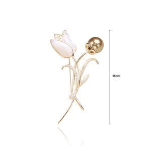 Elegant Temperament Plated Gold Tulip Gold Imitation Pearl Brooch with Cubic Zirconia