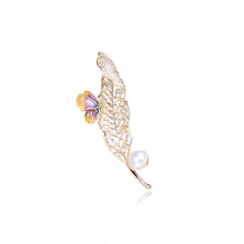 Load image into Gallery viewer, Fashion Simple Plated Gold Hollow Leaf Enamel Purple Butterfly Imitation Pearl Brooch with Cubic Zirconia