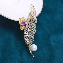 Load image into Gallery viewer, Fashion Simple Plated Gold Hollow Leaf Enamel Purple Butterfly Imitation Pearl Brooch with Cubic Zirconia