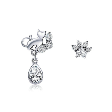 925 Sterling Silver Fashion Temperament Cat Paw Asymmetric Stud Earrings with Cubic Zirconia