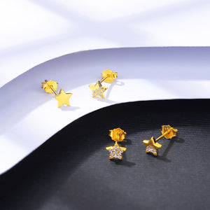 925 Sterling Silver Plated Gold Simple Fashion Four-Piece Star Stud Earrings with Cubic Zirconia