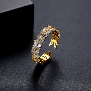 Brilliant Fashion Plated Gold Double Row Cubic Zirconia Geometric Adjustable Open Ring