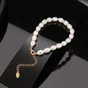 925 Sterling Silver Plated Gold Oval Irregular Freshwater Pearl Beaded Bracelet