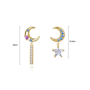 925 Sterling Silver Plated Gold Fashion Simple Moon Star Asymmetric Earrings with Cubic Zirconia