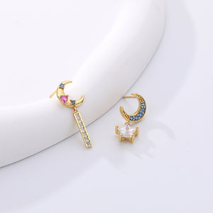 925 Sterling Silver Plated Gold Fashion Simple Moon Star Asymmetric Earrings with Cubic Zirconia