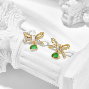 925 Sterling Silver Plated Gold Fashion Elegant Ribbon Chrysoprase Stud Earrings with Cubic Zirconia