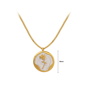 Fashion Elegant Plated Gold 316L Stainless Steel Rose Pattern Geometric Round Pendant with Necklace