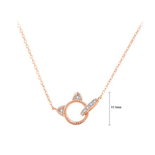 Load image into Gallery viewer, 925 Sterling Silver Plated Rose Gold Simple Cute Cat Double Ring Pendant with Cubic Zirconia and Necklace