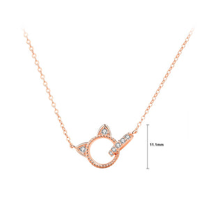 925 Sterling Silver Plated Rose Gold Simple Cute Cat Double Ring Pendant with Cubic Zirconia and Necklace