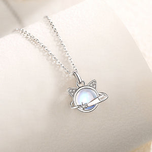 925 Sterling Silver Fashion Elegant Cat Moonstone Pendant with Cubic Zirconia and Necklace