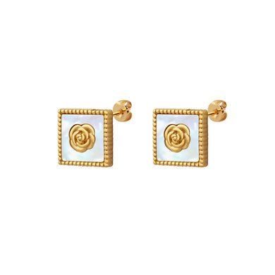 Fashion Elegant Plated Gold 316L Stainless Steel Camellia Geometric Shell Square Stud Earrings