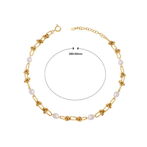 Simple Personality Plated Gold 316L Stainless Steel Rope Knot Chain Imitation Pearl Necklace