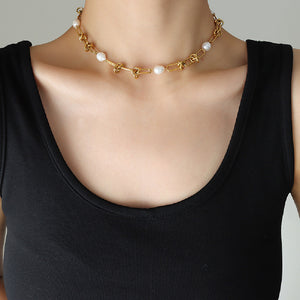 Simple Personality Plated Gold 316L Stainless Steel Rope Knot Chain Imitation Pearl Necklace