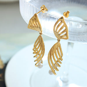 Fashion Temperament Plated Gold 316L Stainless Steel Hollow Ribbon Earrings with Imitation Pearls