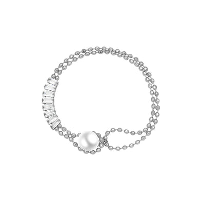 Fashion Temperament 316L Stainless Steel Geometric Cubic Zirconia Double Layer Bracelet with Imitation Pearls