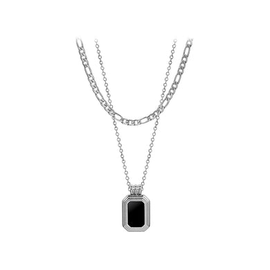 Fashion Simple 316L Stainless Steel Geometric Square Black Shell Pendant with Double Layer Necklace