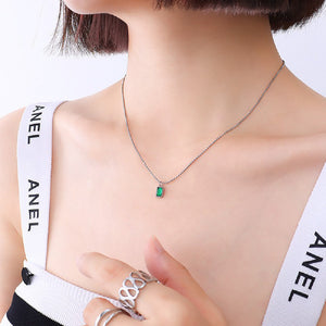 Simple Fashion 316L Stainless Steel Geometric Square Pendant with Green Cubic Zirconia and Necklace
