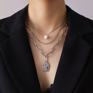 Fashion Elegant 316L Stainless Steel Portrait Geometric Pendant with Three Layer Necklace