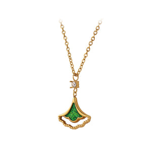 Fashion Simple Plated Gold 316L Stainless Steel Green Ginkgo Leaf Pendant with Necklace