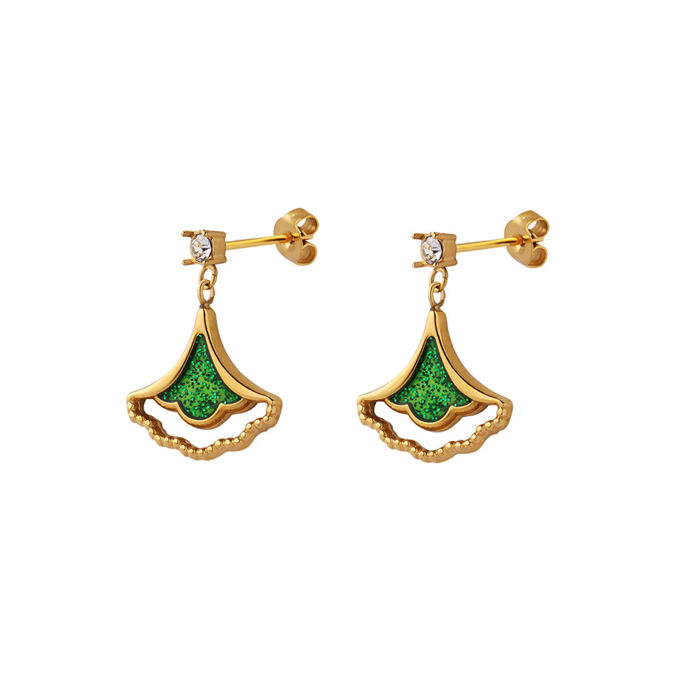 Fashion Simple Plated Gold 316L Stainless Steel Green Ginkgo Leaf Earrings with Cubic Zirconia