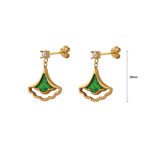 Fashion Simple Plated Gold 316L Stainless Steel Green Ginkgo Leaf Earrings with Cubic Zirconia