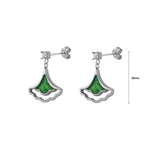 Fashion Simple 316L Stainless Steel Green Ginkgo Leaf Earrings with Cubic Zirconia