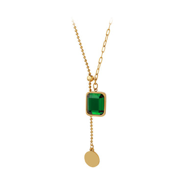 Fashion Temperament Plated Gold 316L Stainless Steel Geometric Square Tassel Pendant with Green Cubic Zirconia and Necklace