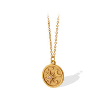 Load image into Gallery viewer, Fashion Temperament Plated Gold 316L Stainless Steel Sun Moon Geometric Round Pendant with Cubic Zirconia and Necklace
