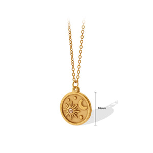 Fashion Temperament Plated Gold 316L Stainless Steel Sun Moon Geometric Round Pendant with Cubic Zirconia and Necklace