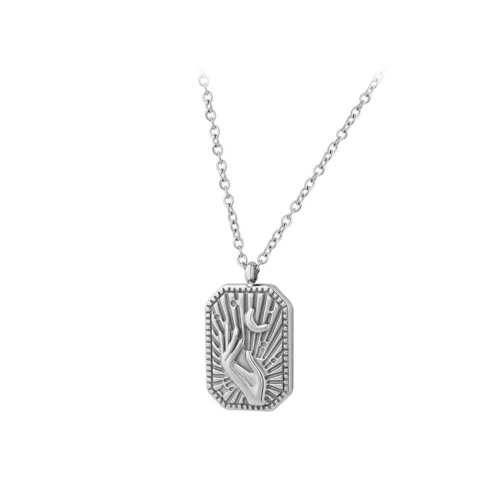 Fashion Personality 316L Stainless Steel Hand Hold Moon Geometric Square Pendant with Necklace