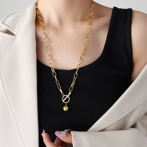 Fashion Simple Plated Gold 316L Stainless Steel Geometric Ball Pendant with Long Necklace