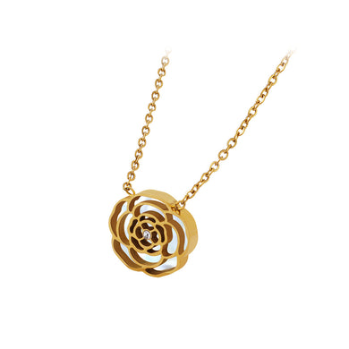 Fashion Romantic Plated Gold 316L Stainless Steel Hollow Rose Shell Pendant with Cubic Zirconia and Necklace