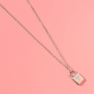Simple Personality 316L Stainless Steel Lock Pendant with Cubic Zirconia and Necklace
