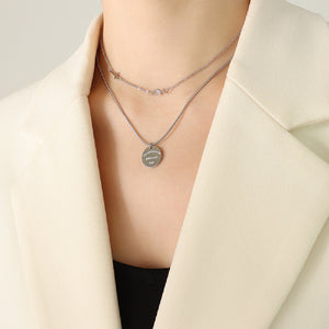 Simple Fashion 316L Stainless Steel Geometric Round Cross Pendant with Cubic Zirconia and Double Layer Necklace