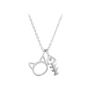 925 Sterling Silver Fashion Cute Cat Fishbone Pendant with Necklace