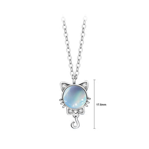 925 Sterling Silver Fashion Cute Cat Moonstone Pendant with Cubic Zirconia and Necklace