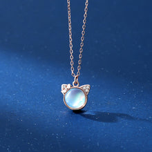 Load image into Gallery viewer, 925 Sterling Silver Plated Rose Gold Fashion Cute Cat Moonstone Pendant with Cubic Zirconia and Necklace