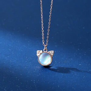 925 Sterling Silver Plated Rose Gold Fashion Cute Cat Moonstone Pendant with Cubic Zirconia and Necklace